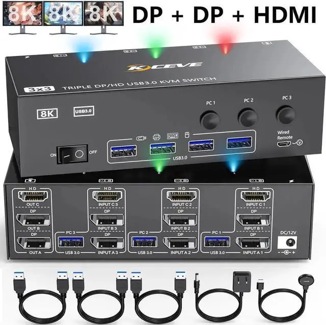 Main image of JAENFONG USB 3.0 KVM Switch 3 Monitors 3 Computers, Triple Monitors HDMI+DP+DP KVM Switch, 2 Displayport + HDMI KVM Switch 8K@60Hz for 3 Computers Share Mouse Keyboard, Wired Remote and 3 USB Cable