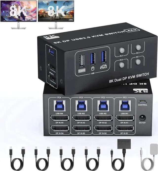 Main image of JAENFONG USB 3.0 KVM Switch 2 Monitors 4 Computers Displayport 8K@60Hz 4K@144Hz,Dual Monitor Displayport KVM Switch 4 Port with USB 3.0, 4x2 DP 1.4 KVM Switch for 2 PC/Laptop,Shares One Mouse Keyboard