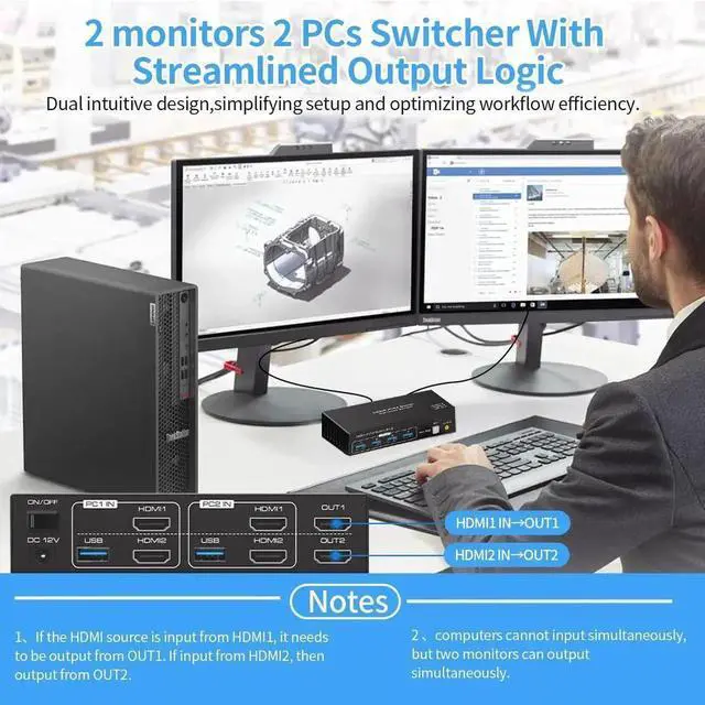 Alt view image 3 of 7 - Dual Monitor HDMI KVM Switch 2 Monitors 2 Computers 4K 60Hz USB 3.0 KVM Switcher for 2 PCs Share 1 Set of Keyboard Mouse Printer and Scanner Support Extended & Mirror Mode, with 4 USB 3.0 Ports