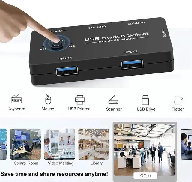 Alt view image 6 of 7 - JAENFONG USB Switcher Selector,2 Computers Sharing 4 USB Devices KVM Switcher, One-Button Swapping Box for Mouse Keyboard Scanner Printer PCs