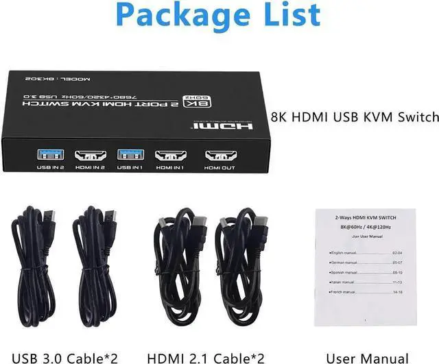 Alt view image 4 of 7 - 2 Port HDMI KVM Switch 8K 60Hz, 2 in 1 Out HDMI KVM Switch for 2 Computer Share 1 HD Monitor and 3 USB 3.0 Devices, Support HDR, 3D Vision,,HDCP2.2, Including 2 HMDI 2.1 Cables & 2 USB 3.0 Cables
