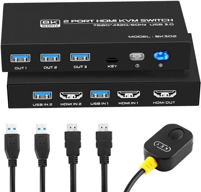 Main image of 2 Port HDMI KVM Switch 8K 60Hz, 2 in 1 Out HDMI KVM Switch for 2 Computer Share 1 HD Monitor and 3 USB 3.0 Devices, Support HDR, 3D Vision,,HDCP2.2, Including 2 HMDI 2.1 Cables & 2 USB 3.0 Cables