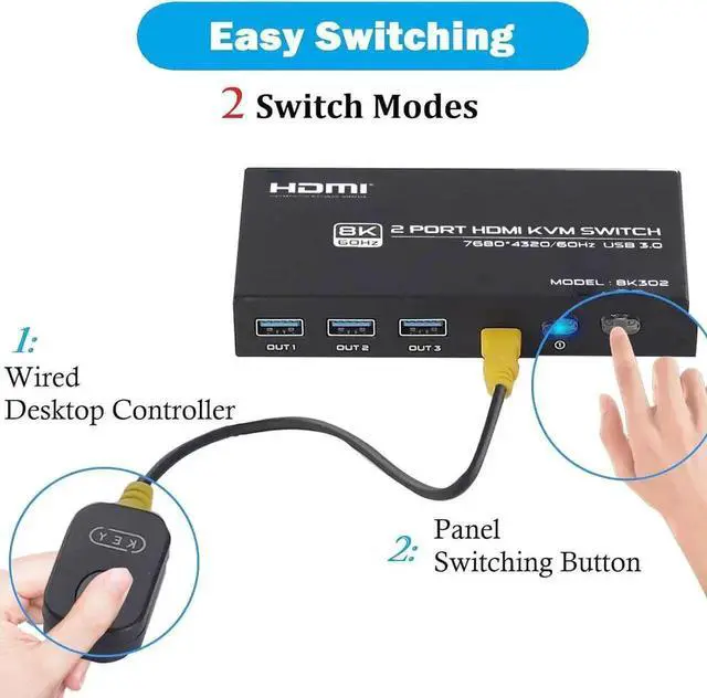 Alt view image 7 of 7 - 2 Port HDMI KVM Switch 8K 60Hz, 2 in 1 Out HDMI KVM Switch for 2 Computer Share 1 HD Monitor and 3 USB 3.0 Devices, Support HDR, 3D Vision,,HDCP2.2, Including 2 HMDI 2.1 Cables & 2 USB 3.0 Cables