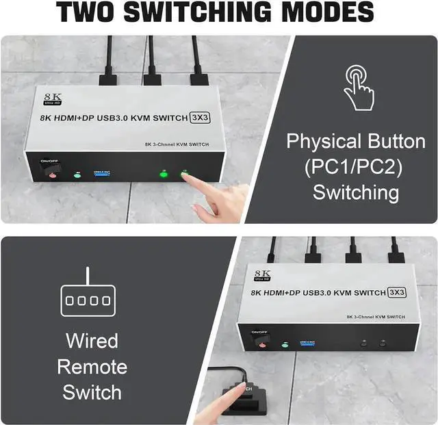 Alt view image 4 of 7 - 8K@60Hz USB 3.0 2 Displayport+HDMI KVM Switch Triple Monitor 2 Computer, 2PC Share 3 Monitors (HDMI+DP+DP) KVM Switch with Audio Microphone and 3 USB3.0 Ports, HDMI+2 DP Monitor Switch for 2PCs