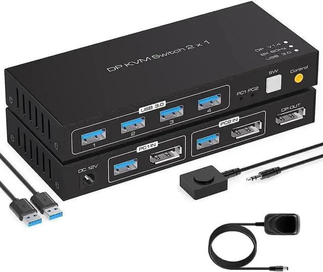 Main image of JAENFONG 2 Port Displayport KVM Switch Support 8K60Hz 4K120Hz, USB 3.0 DP1.4 KVM Switch for 2 Computers Share 1 Monitor with 4 Port USB 3.0 Hub Includes Desktop Control and 2xUSB Cables