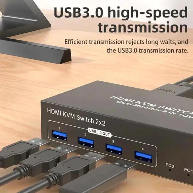 Alt view image 7 of 7 - JAENFONG 4K Dual Monitor HDMI KVM Switch 2 Monitors 2 Computers 4K@60Hz, USB 3.0 2x2 HDMI KVM Switcher PC Extended Display for 2 PC Share 4 USB 3.0 Devices, Desktop Controller & 2 USB Cables Included