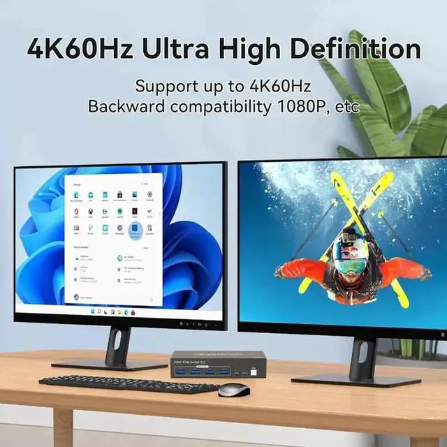 Alt view image 2 of 7 - JAENFONG 4K Dual Monitor HDMI KVM Switch 2 Monitors 2 Computers 4K@60Hz, USB 3.0 2x2 HDMI KVM Switcher PC Extended Display for 2 PC Share 4 USB 3.0 Devices, Desktop Controller & 2 USB Cables Included