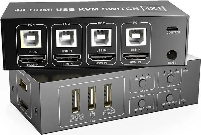 Main image of HDMI KVM Switch 4 Port, USB Switch Share 4 Computers with One Monitor One-Button Swapping, HD 4K @60Hz, 4 In 1 Out KVM Switcher for Mouse Keyboard Printer Scanner with 4 USB Cables 1 Power Cable