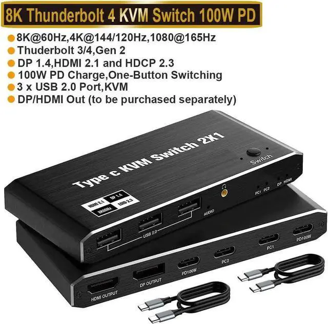 Main image of JAENFONG 2x1 USB C KVM Switch 8K @60Hz 4K @120Hz, 2-Port Type C to HDMI or DP Monitor KVM Switch for 2 Laptops Share 1 Monitor and 3 USB Devices & 100W Power Delivery, 2 USB-C Cables Included