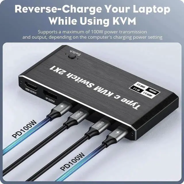 Alt view image 5 of 7 - JAENFONG 2x1 USB C KVM Switch 8K @60Hz 4K @120Hz, 2-Port Type C to HDMI or DP Monitor KVM Switch for 2 Laptops Share 1 Monitor and 3 USB Devices & 100W Power Delivery, 2 USB-C Cables Included