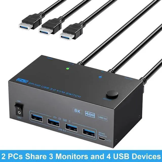 Main image of JAENFONG riple Monitor HDMI + 2 Displayport KVM Switch, 8K@60Hz KVM Switches 2 Computer 3 Monitors for 2 PCs Share 3 Monitors and 4 USB Devices, with 2 USB Cables, Power Adapter, Wired Controller