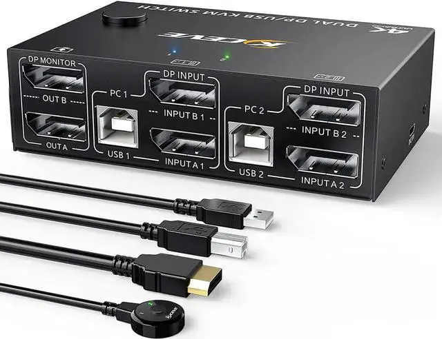 Main image of 2 Port DP KVM Switch Dual Monitor DisplayPort 1.4 8K @30Hz 4K @144Hz 2 in 2 Out, DP1.4 KVM Switch and 4 USB HUBs for 2 Computers, Backward Compatible DP1.2 with DP+USB Cables and Wired Controller
