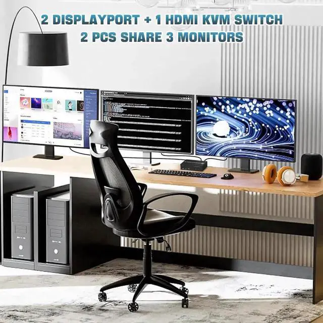 Alt view image 2 of 7 - JAENFONG 1 HDMI + 2 Displayport 3 Monitor KVM Switch USB 3.0 for 2 Computers, 4K@60Hz Triple Monitor KVM Switch with Audio and 3 USB 3.0 Ports, 2 Computers Share 3 Monitors Keyboard Mouse Switcher