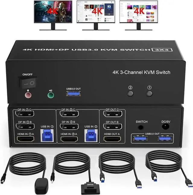 Main image of JAENFONG 1 HDMI + 2 Displayport 3 Monitor KVM Switch USB 3.0 for 2 Computers, 4K@60Hz Triple Monitor KVM Switch with Audio and 3 USB 3.0 Ports, 2 Computers Share 3 Monitors Keyboard Mouse Switcher