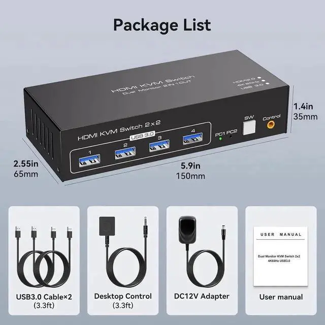 Alt view image 5 of 7 - JAENFONG 2x2 HDMI KVM Switch Dual Monitor 2 Computers Support 4K@60Hz, USB 3.0 KVM Switches Share Dual Monitors and 4 USB 3.0 Ports Support Extended/Copy Mode with DC 12V Adapter & Wired Controller