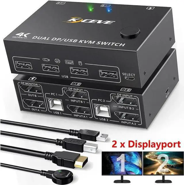 Main image of Dual Monitor Displayport KVM Switch 2 Computer 2 Monitors, 2 Ports DP1.4 8K@30Hz 4K@120Hz Displayport USB KVM Switcher for 2 Computers Share Keyboard, Mouse and Monitor, Wired Remote included
