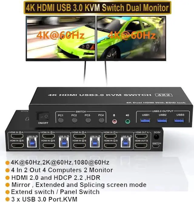Main image of 4K@60Hz HDMI KVM Switch 2 Monitors 4 Computers, Supports EDID, Dual Monitor HDMI USB 3.0 KVM Switch with Audio Microphone Output and 3 USB 3.0 Ports,PC Monitor Keyboard Mouse Switcher for 4 PCs