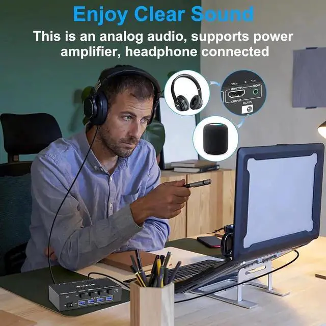 Alt view image 2 of 7 - JAENFONG 4 Ports HDMI KVM Switch with 3.5mm Audio, 8K@60Hz HDMI USB 3.0 KVM Switcher Box with EDID Emulator for 4 Computers Share Mouse Keyboard and Monitor, Support Win10/8/7/XP/Vista, Mac OS, Linux