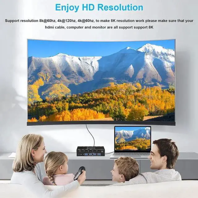 Alt view image 4 of 7 - JAENFONG 4 Ports HDMI KVM Switch with 3.5mm Audio, 8K@60Hz HDMI USB 3.0 KVM Switcher Box with EDID Emulator for 4 Computers Share Mouse Keyboard and Monitor, Support Win10/8/7/XP/Vista, Mac OS, Linux