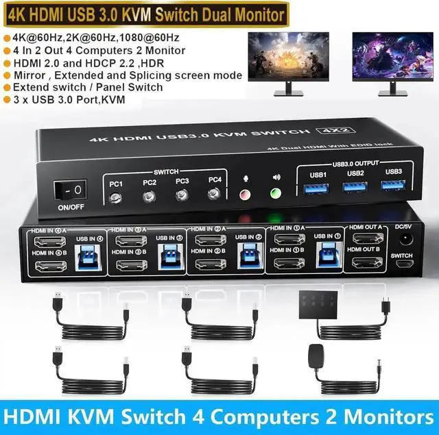 Main image of USB 3.0 Dual Monitors HDMI KVM Switch 4 Computers, Supports EDID, 4K@60Hz HDMI Dual Monitor Switch for 4 PCs with 3 USB 3.0 and Audio Microphone Ports, 4 Port HDMI KVM Switch for 4PC 2 Monitors