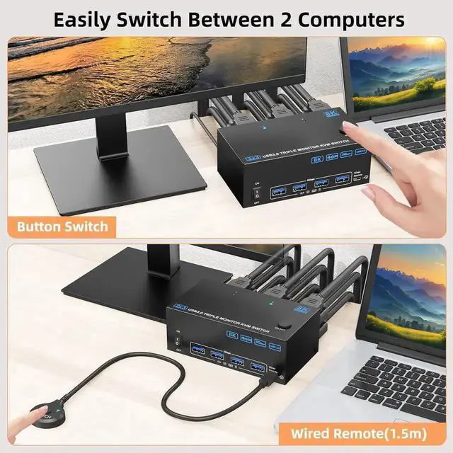 Alt view image 6 of 7 - KVM Switch 3 Monitors 2 Computers 8K@60Hz 4K@144Hz, 1*HDMI+2*DP in, 3*HDMI Out,Triple Monitor KVM Switch with 4 USB 3.0 Ports for USB Devices, Wired Remote,Power Adapter and USB Cables Included