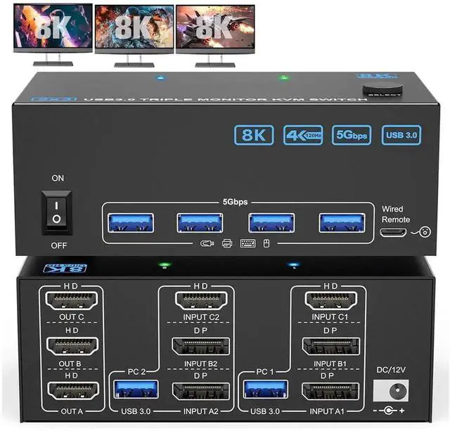 Main image of KVM Switch 3 Monitors 2 Computers 8K@60Hz 4K@144Hz, 1*HDMI+2*DP in, 3*HDMI Out,Triple Monitor KVM Switch with 4 USB 3.0 Ports for USB Devices, Wired Remote,Power Adapter and USB Cables Included