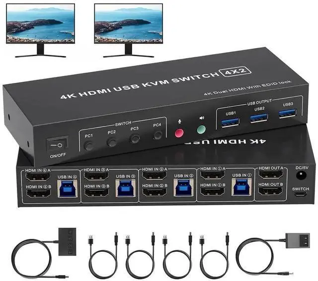 Main image of JAENFONG 4 in 2 Out HDMI KVM Switch 4 Computers 2 Monitors with 3 USB 3.0 Ports, 4K@60Hz 4 Port HDMI Dual Monitor KVM Switch for 4 PCs Share 2 Monitors, Support Button Switch & Desktop Controller