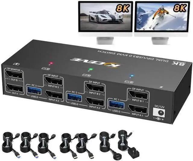 Main image of Dual Monitor Displayport KVM Switch 8K@30Hz 4K@144Hz, USB 3.0 KVM Switches 3 Computers 2 Monitors Displayport 1.4 with 4 USB 3.0 Ports for USB Devices, DP Monitor Switch for 3 PCs, with Wired Remote