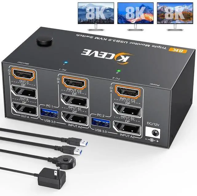 Main image of 8K@60Hz HDMI + 2 Displayport KVM Switch 3 Monitors 2 Computers 4K@144Hz Triple Monitor KVM Switches for 2 PCs 3 Monitors with 4 USB 3.0 Port, Wired Remote,Power Adapter & USB3.0 Cables Included