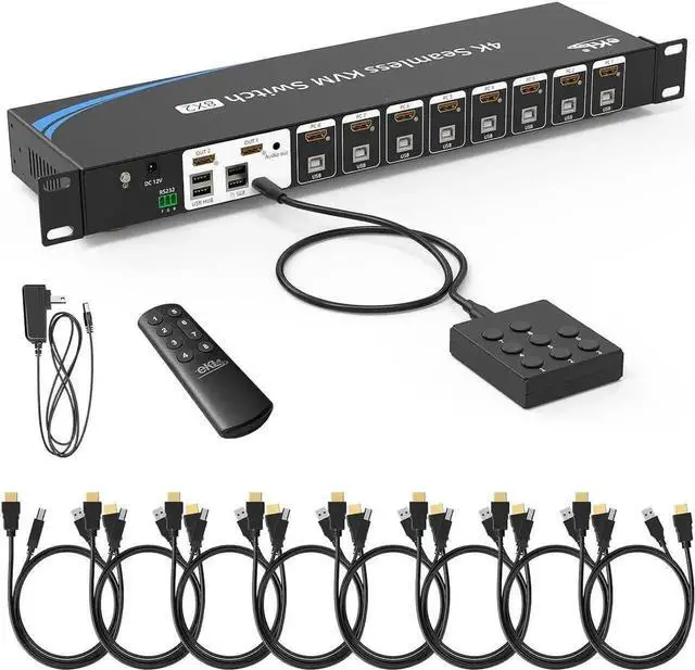 Main image of JAENFONG8 Port Real Seamless Switching HDMI KVM Switch 8 Computers 4K@30Hz 1U Rack Mount, 8 in 2 Out HDMI KVM Switch with 3.5mm Audio Extractor, Desktop Controller, Hotkey, Mouse, RS232 Code Switching