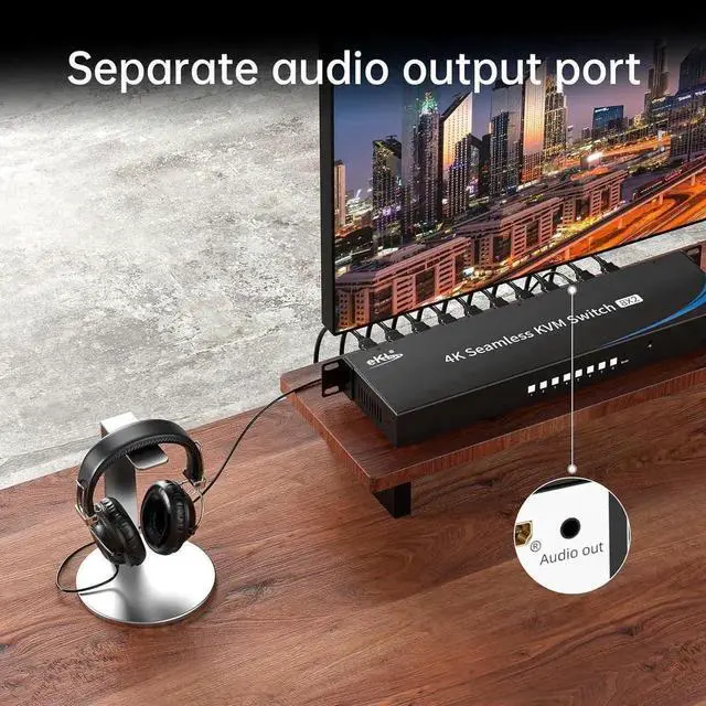 Alt view image 6 of 6 - JAENFONG8 Port Real Seamless Switching HDMI KVM Switch 8 Computers 4K@30Hz 1U Rack Mount, 8 in 2 Out HDMI KVM Switch with 3.5mm Audio Extractor, Desktop Controller, Hotkey, Mouse, RS232 Code Switching