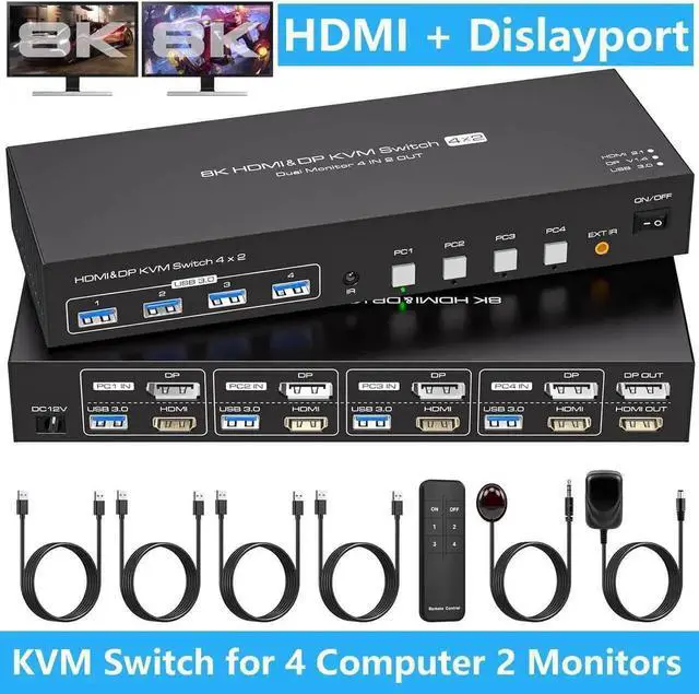 Main image of HDMI + Displayport KVM Switch 4 Computer 2 Monitors 8K@60Hz, Dual Monitor USB 3.0 KVM Switcher for 4 PC Share 2 Monitors and 4 USB 3.0 Devices, Support DP 1.4 HDMI 2.1 Includes 4 USB 3.0 Cables