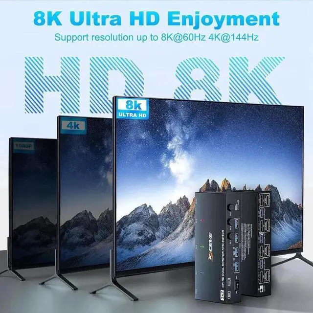 Alt view image 7 of 7 - 4K@144Hz KVM Switch 2 Monitors 3 Computers 8K@60Hz, HDMI and Displayport Dual Monitor KVM Switch with 4 USB 3.0 Port for Keyboard Mouse Printer,Wired Remote,Power Adapter and USB Cable Included