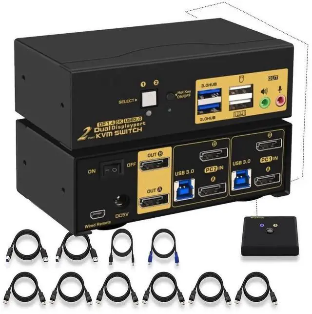 Main image of 2 Port USB 3.0 Triple Monitor Displayport KVM Switch, DP 1.4 Support 8K@30Hz 4K@144Hz, KVM Switches 2 Computers 3 Monitors Video Keyboard Mouse Peripheral Audio Sharing Selector Box with Cables
