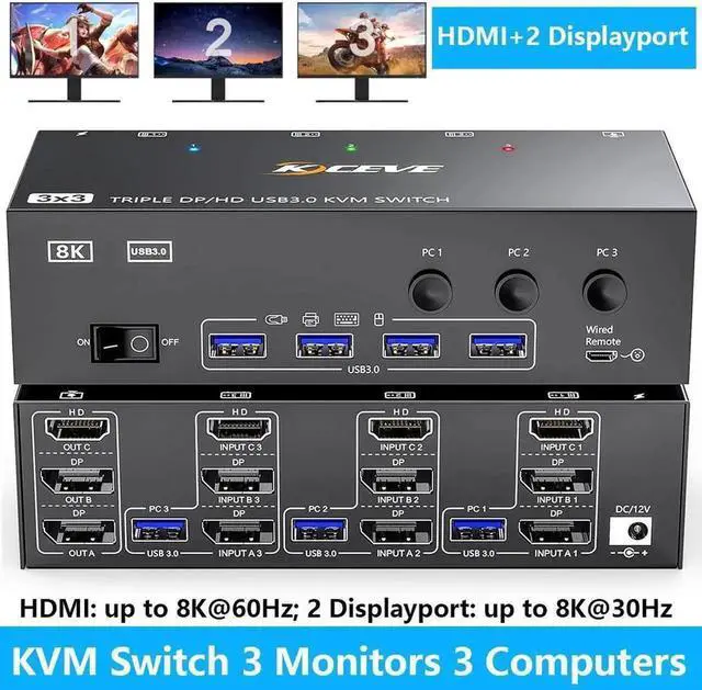 Main image of KVM Switch 3 Monitors 3 Computers, Dual/Triple Monitor HDMI + 2 Displayport KVM Switches Support 8K@60Hz/30Hz,2K@144Hz, USB 3.0 Computer Switch for 3 PCs Share 3 Monitors, Support Extended Mode