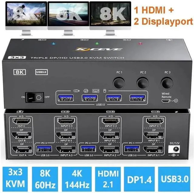 Main image of JAENFONGKVM Switch 3 Monitors 3 Computers 8K@60Hz, HDMI + 2* Displayport Triple Monitor KVM Switches for 3 Computers Share 3 Monitors and 4 USB 3.0 Devices, Wired Remote and 12V power adapter Included