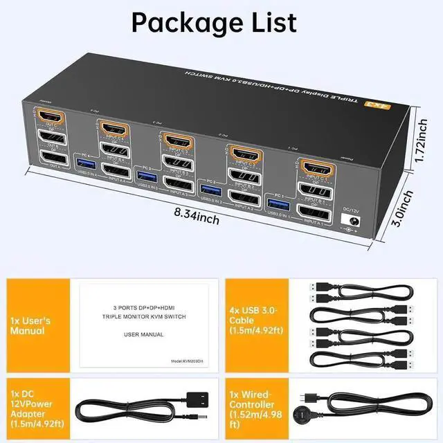 Alt view image 4 of 7 - HDMI + 2 Displayport Triple Monitor KVM Switch 3 Monitors 4 PCs 8K@60Hz/4K@144Hz KVM Switches with 4 PCs Share 3 Display & 4 USB 3.0 Devices, Wired Remote, Power Adapter, USB3.0 Cables Included