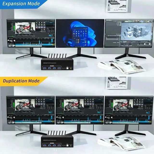 Alt view image 7 of 7 - JAENFONG HDMI + 2 Displayport Triple Monitor KVM Switch 8K@60Hz 3 Monitors 2 Computers, 4K@120Hz USB 3.0 DP KVM Swticher for 2 PC Share 3 Monitors and 4 USB Devices, Support Extended & Copy Mode