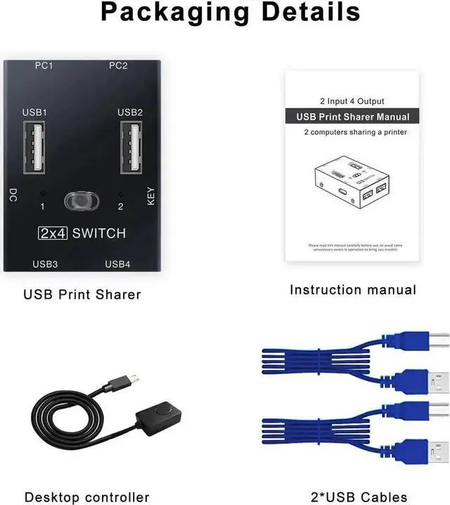 Alt view image 7 of 7 - JAENFONG 2x4 USB 2.0 Switch for 2 PCs, USB Switch 2 in 4 Out USB KVM Switch for PC, Printer, Scanner, Keyboard, USB 2.o Switch for 2 Computers Share 4 USB Devices