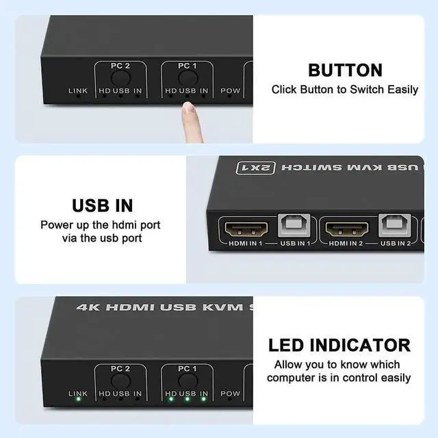 Alt view image 6 of 7 - JAENFONG KVM Switch HDMI 2 Port, USB and HDMI Switch for 2 Computers Share Keyboard Mouse Printer Monitor Support HUD 4K @30Hz for Laptop, PC, Xbox HDTV, with 2X USB Cable,1x Switch Button Cable