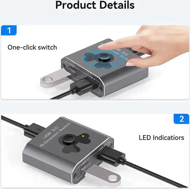 Alt view image 5 of 7 - JAENFONG 2 Port USB 3.0 Switch Bi-Directional KVM Switch USB Switcher 2 in 1 Out / 1 in 2 Out 5Gbps High-Speed USB Switch 2 Computers Share 1 USB Devices for PCs Mouse Keyboard Printer Scanner