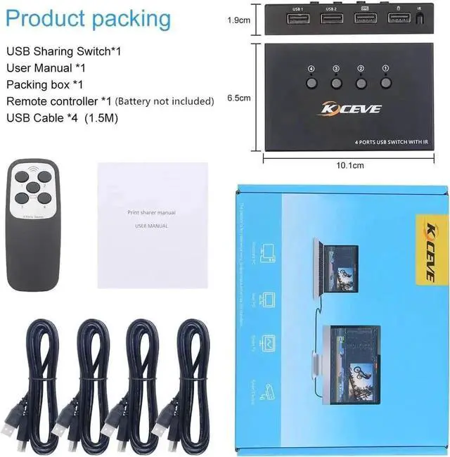 Alt view image 3 of 7 - JAENFONG USB Switch 4 Port, 4 in 4 Out USB KVM Switch, for 4 PC Share 4 USB Ports, USB Switcher Box for Mouse Keyboard Printer Scanner, With Remote control and USB Cables (battery not included)