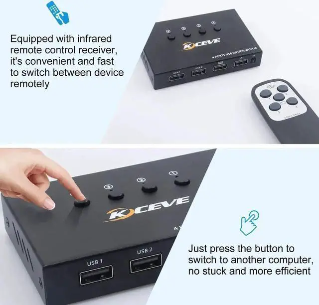 Alt view image 7 of 7 - JAENFONG USB Switch 4 Port, 4 in 4 Out USB KVM Switch, for 4 PC Share 4 USB Ports, USB Switcher Box for Mouse Keyboard Printer Scanner, With Remote control and USB Cables (battery not included)