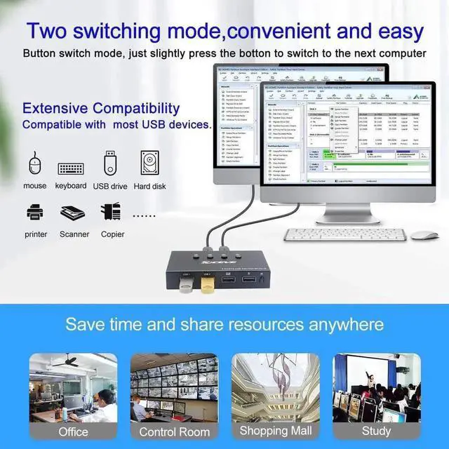 Alt view image 6 of 7 - JAENFONG USB Switch 4 Port, 4 in 4 Out USB KVM Switch, for 4 PC Share 4 USB Ports, USB Switcher Box for Mouse Keyboard Printer Scanner, With Remote control and USB Cables (battery not included)