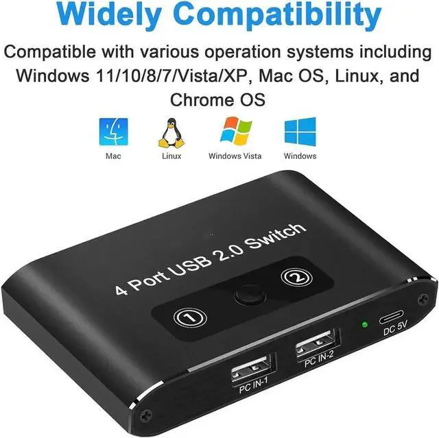 Alt view image 2 of 7 - USB 2.0 Switch 2 in 4 Out, KVM USB Switcher 2 Computers Share 4 USB Port Selector Box for Keyboard, Mouse, Printer, U-Disk, One-Button Swapping with 2 USB A Cable Compatible with Mac/Windows/Linux