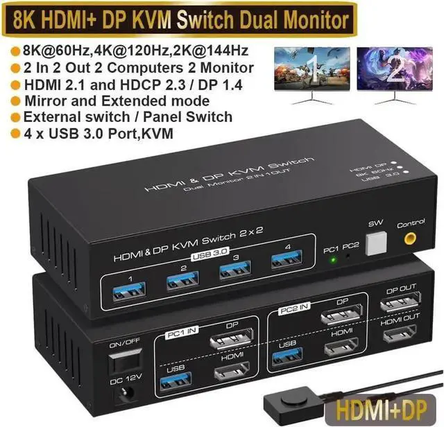Main image of Dual Monitor HDMI + Displayport KVM Switch 2 Monitors 2 Computers USB 3.0 Switcher PC Extended Support 4K@120hz 8K@60hz for 2 PC Share 4 USB Ports with External Wired Controller and 2 USB Cable