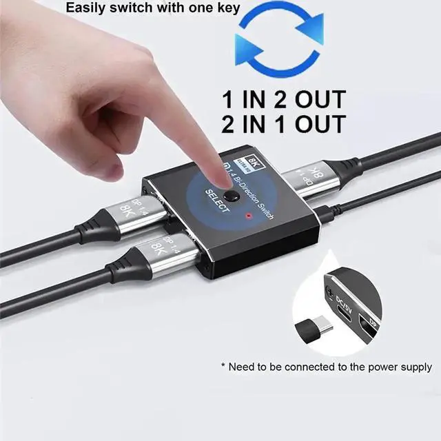 Alt view image 7 of 7 - JAENFONG DisplayPort Switch DP 1.4 Switcher 8K,DisplayPort 1.4 Switch 2 in 1 Out Bi-Directional 8K@30Hz/4K@120Hz/1080P @ 240Hz DP KVM Splitter 1 in 2 Out(not Work simultaneously)