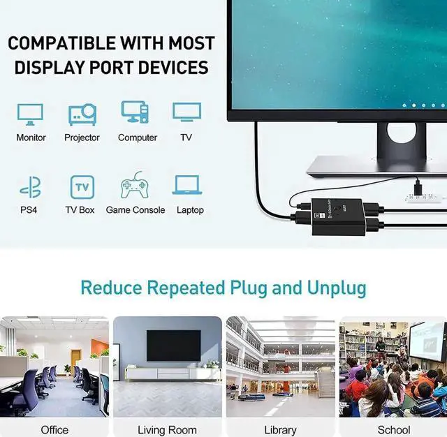 Alt view image 3 of 7 - JAENFONG DisplayPort Switch DP 1.4 Switcher 8K,DisplayPort 1.4 Switch 2 in 1 Out Bi-Directional 8K@30Hz/4K@120Hz/1080P @ 240Hz DP KVM Splitter 1 in 2 Out(not Work simultaneously)