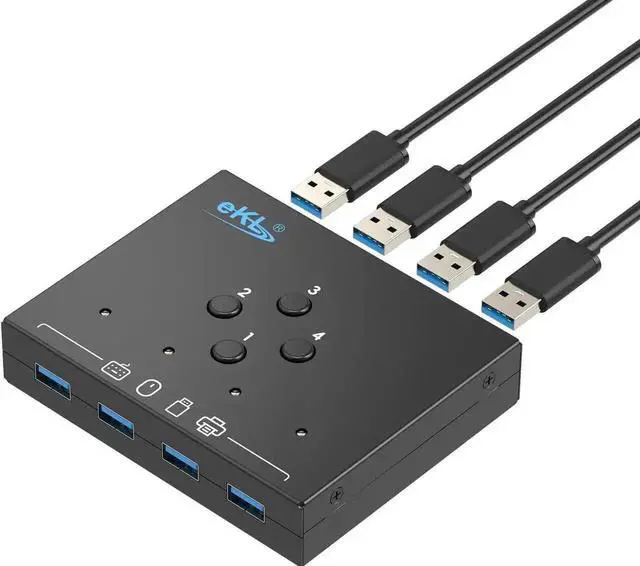 Main image of 4 in 4 Out USB 3.0 Switch, USB 3.0 Switch for 4 Computers Sharing 4 USB Peripheral Devices Switcher Hub for PC Laptop Mouse Keyboard Scanner Printer with One Button Swapping and 3.5mm Audio Output