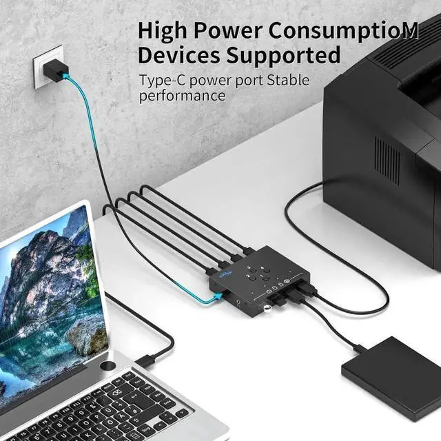 Alt view image 2 of 6 - 4 in 4 Out USB 3.0 Switch, USB 3.0 Switch for 4 Computers Sharing 4 USB Peripheral Devices Switcher Hub for PC Laptop Mouse Keyboard Scanner Printer with One Button Swapping and 3.5mm Audio Output